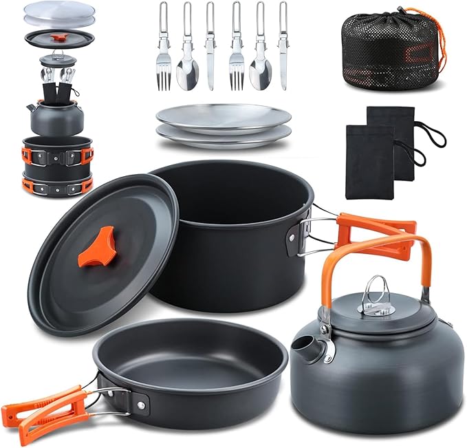LIXADA 16pcs Camping Cookware Mess Kit, Non-Stick Lightweight Pot Pan Kettle Set with Stainless Steel Plates Forks Knives Spoons, Portable Camping Cooking Set for Outdoor Backpacking Hiking Picnic