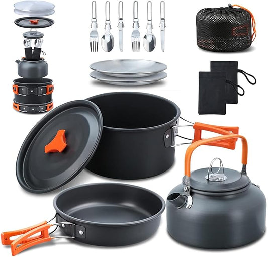 LIXADA 16pcs Camping Cookware Mess Kit, Non-Stick Lightweight Pot Pan Kettle Set with Stainless Steel Plates Forks Knives Spoons, Portable Camping Cooking Set for Outdoor Backpacking Hiking Picnic