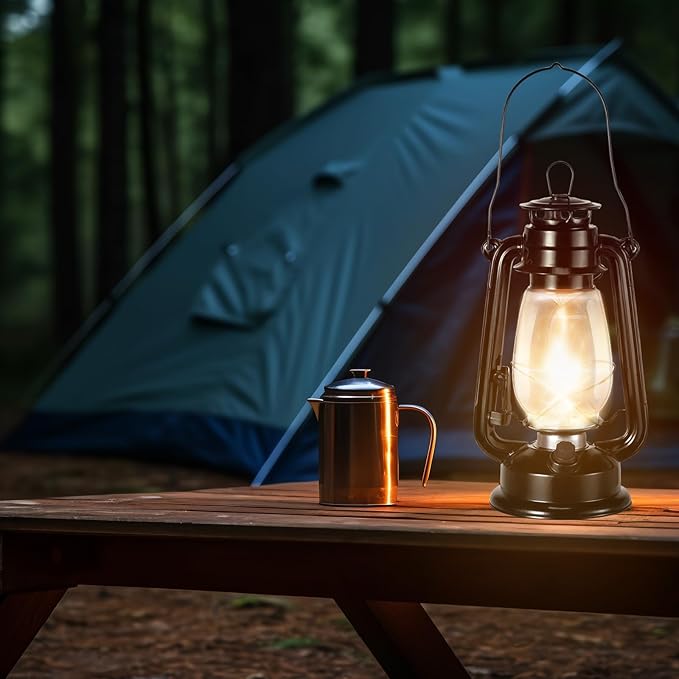 Hortsun 2 Pcs Black Vintage LED Camping Lanterns Warm LEDs and Dimmer Switch Battery Operated Metal Hurricane Farmers Hanging Lantern for Indoor Outdoor Usage Decor (12 Inch)