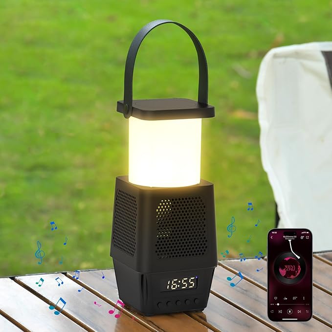 AVANLO 3 in 1 Small Camping Lantern Lamp Bluetooth Speaker for Hiking Portable,Rechargable Outdoor Table Lamp Dimmable Night Light Clock Battery Operated(Included) Cordless Emergency Light 7200mAh