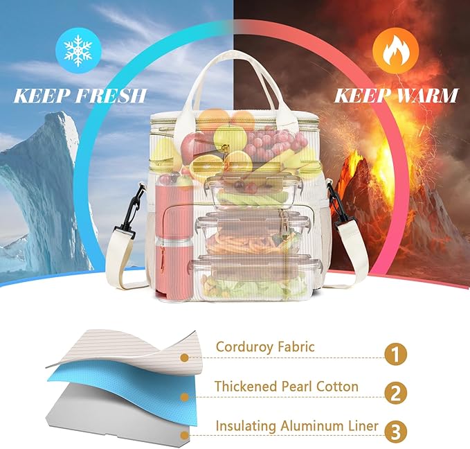 Lunch Box & Lunch Bag for Women, Large Insulated Adult Lunch Box Leakproof Lunchbox Cooler Bag for Work Picnic Beach,16L, Cream