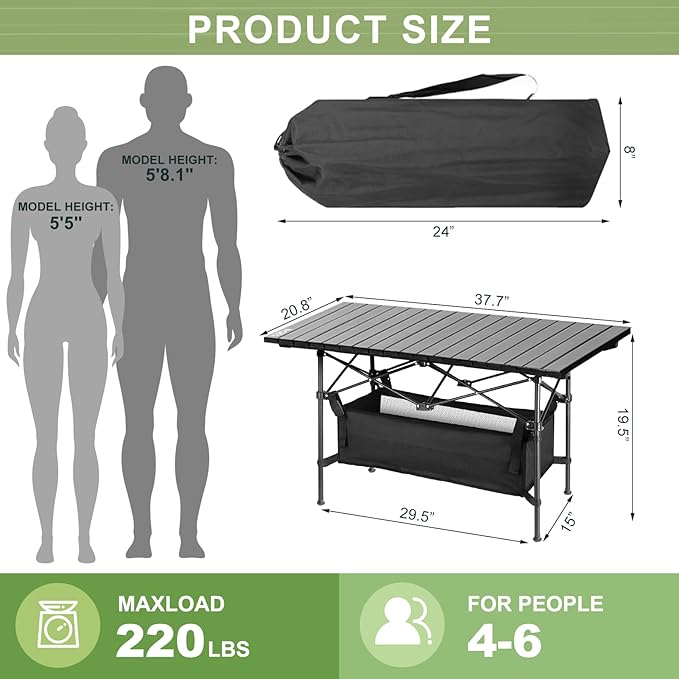 Folding Camping Tables that Fold Up Lightweight,Aluminum Roll Up Camping Table for 4-6 Person Camp Table with Large Storage and Carrying Bag for Outdoor, Picnic, Backyards, BBQ, Beach, 220 Lbs