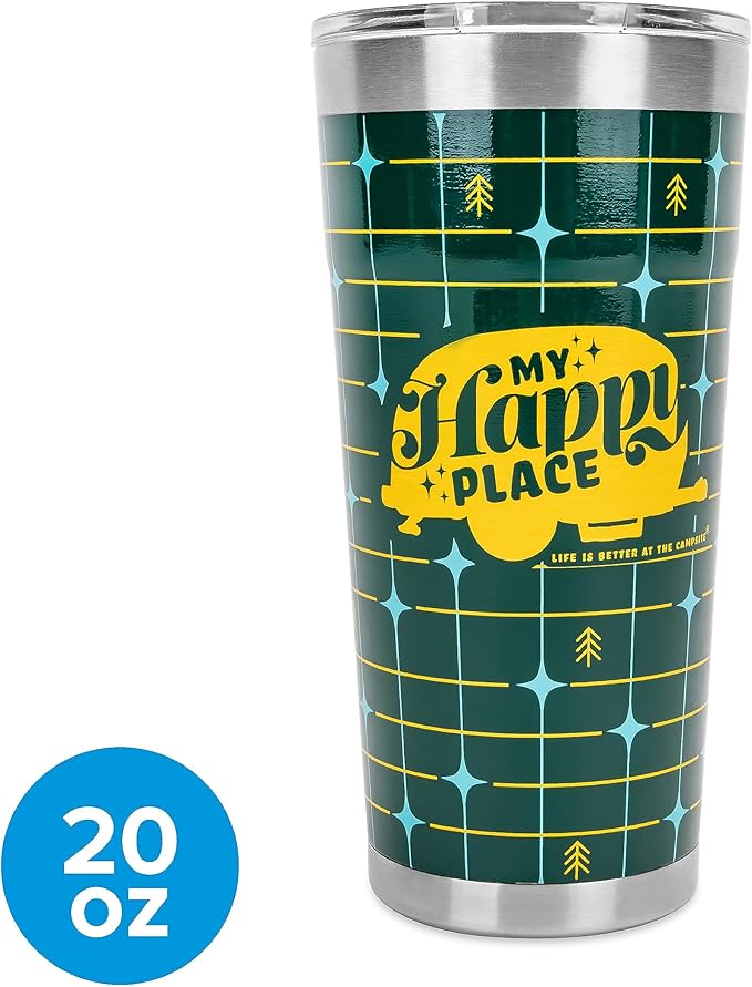 Camco Life is Better at The Campsite Tumbler | Heavy Duty Double Wall Vacuum Insulation | Crafted of 18/8 Stainless Steel | Unique “My Happy Place” Text w/Yellow Retro RV Design | 20-oz (53325)