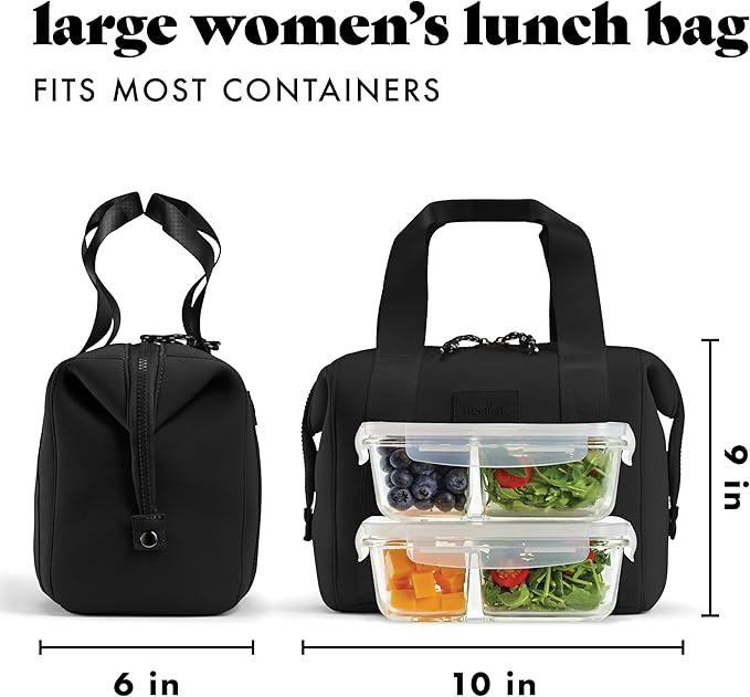 Fit & Fresh Neoprene Like Lunch Bag For Women, Insulated Womens Lunch Bag For Work, Tear & Stain Resistant Large Lunch Box With Containers and Ice, Machine Washable Remi Lunch Bag, Black