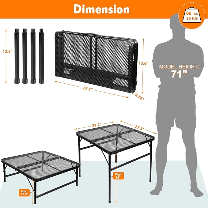 Square Folding Table, Easy for Storage, Compact and Portable Picnic Table for Grill, Outdoor Camping, Garden, Patio, Dining, BBQ, Party, Market and Card Table, 27.2 L×27.2W inches