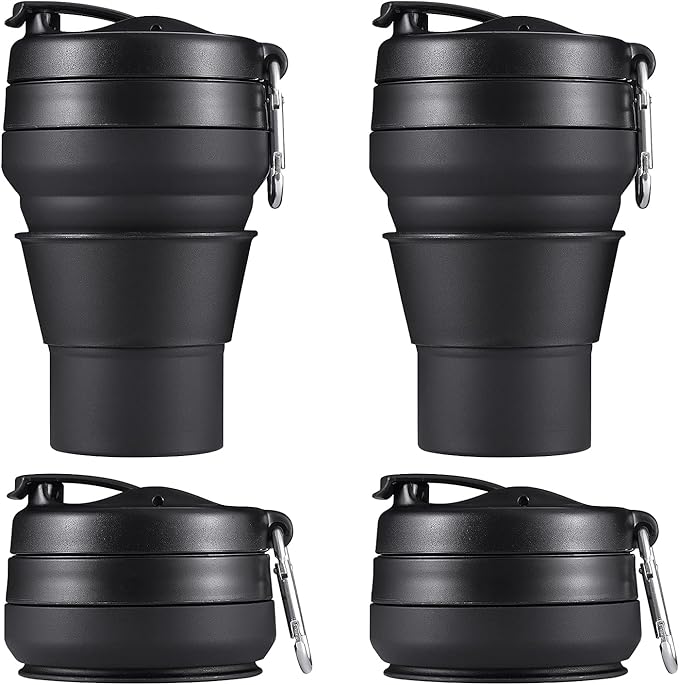 2PACK Collapsible Coffee Cup, 20 OZ 600ml Silicone Folding Camping Mug, Leak Proof BPA Free Portable Sport Bottle with Lids for hiking, Microwave & Dishwasher Safe (Black)