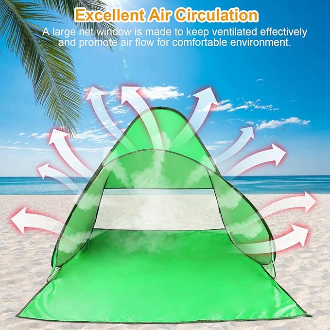 Pop Up Beach Tent for 2-3 Person, UPF50+ Anti-UV Sun Shelter w/Storage Bag, Portable Waterproof Instant Sun Shade Canopy for Outdoor Beach Camping Hiking Travel Family, Green