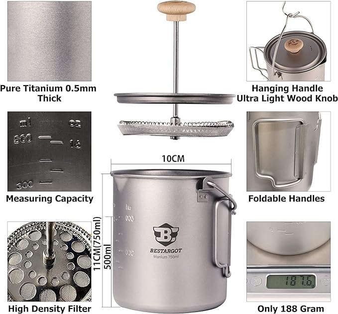 Bestargot Titanium Pot 750ml, Portable French Press | Ultralight Camping Pot for Coffee, Cooking & Survival | Compatible with Camp Stoves