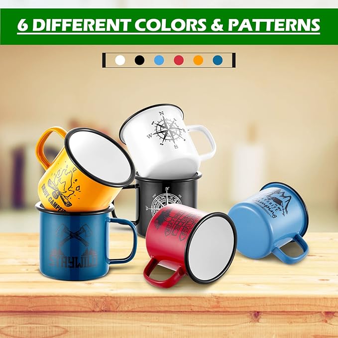 HaSteeL Camping Enamel Mug Set of 6, 16oz/455ml Coffee Cup with Pattern for Milk Tea Beer Drinking, Portable for Home Office Campfire Travel Hiking Backpack Indoor & Outdoor, Light-weight & Durable
