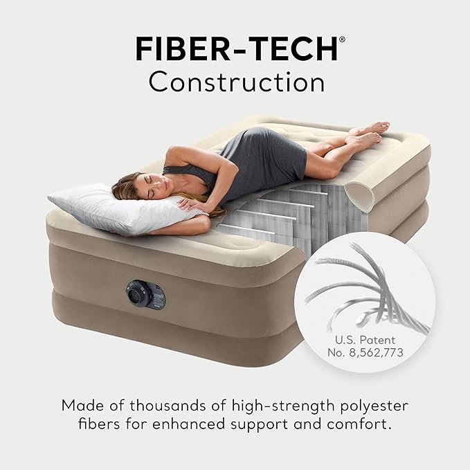 INTEX Dura-Beam Deluxe Ultra Plush Air Mattress : Fiber-Tech – Built-in Electric Pump – 18in Bed Height – 300lb Weight Capacity – Twin Size