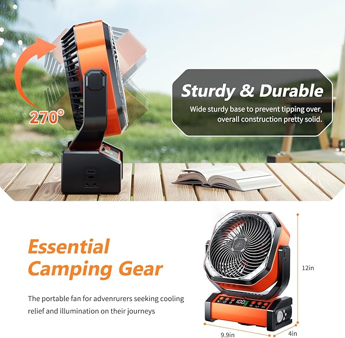 Camping LED Fan with Light, 40000mAh Rechargeable Battery Powered Outdoor Tent Fan with Light and Hook, 8 Speed, Personal USB Desk Fan for Camping, Fishing, Power Outage,Hurricane, Worksite