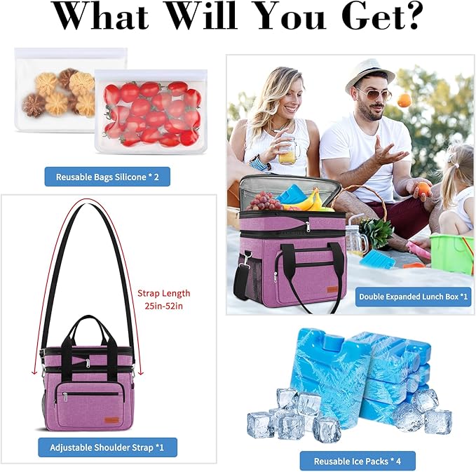 23L Extra Large Expandable Insulated Cooler Lunch Box for Men Double Deck Leakproof Heavy Duty Lunch Bag with 4 Ice Packs&2 Snack Bags for Adult/Construction/Women/Work/Picnic/Camping - Purple