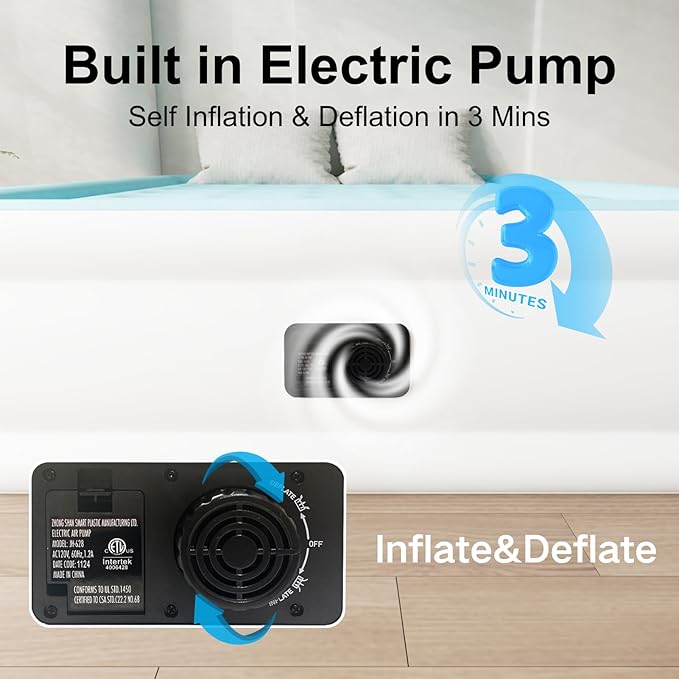 Queen Air Mattress with Built in Pump, Self Inflatable Air Bed Queen, 18" Height Portable Mattress, Blow up Airbed for Camping and Guests. (18" Height, Light Blue).