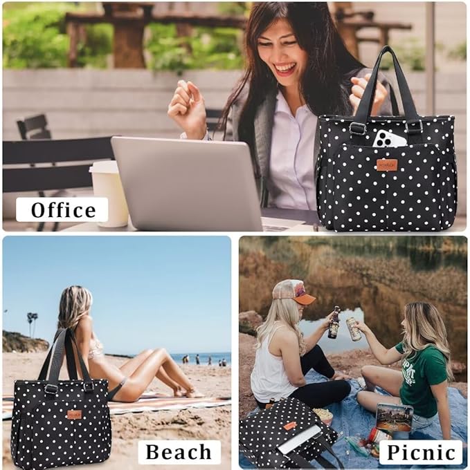 Lunch Bag Lunch Box Women - Large Tote Lunch Bags Men Women: Leakproof Insulated Lunch Cooler Bag for Adults 14L, White Dots