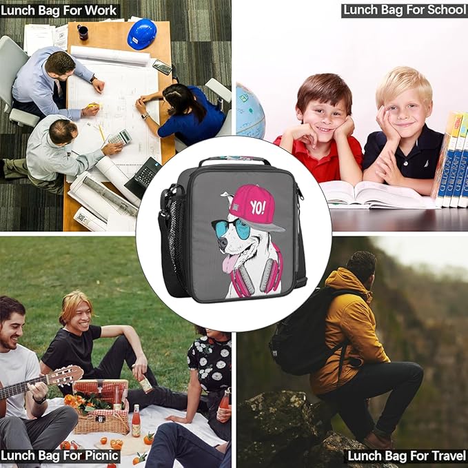 Grey Pink Dog Insulated Lunch Bag for Girls Boys Teen Funny Dog Reusable Lunch Box with Shoulder Strap Freezable Thermal Cooler Bag Meal Prep Boxs for School Travel Picnic Beach Lunch Pail