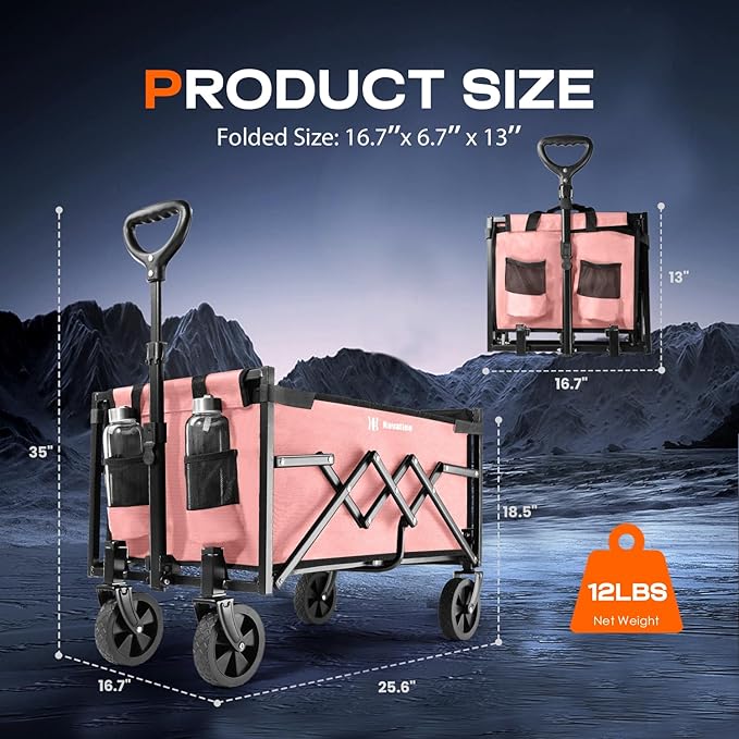 Navatiee Portable Foldable Collapsible Wagon with Wheels, 220lbs Weight Capacity Utility Grocery Shopping Cart, Lightweight Mini Folding Wagon for Outdoor, Pink