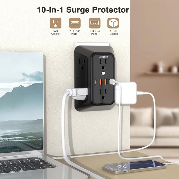 Outlet Extender Surge Protector - 6 Outlet Splitter with 4 USB Ports (2 USB C), Multiple Plug Expander Wall Charger, 3 Sided Multi Plug Wall Adapter Power Strip for Home Office Kitchen Travel Black