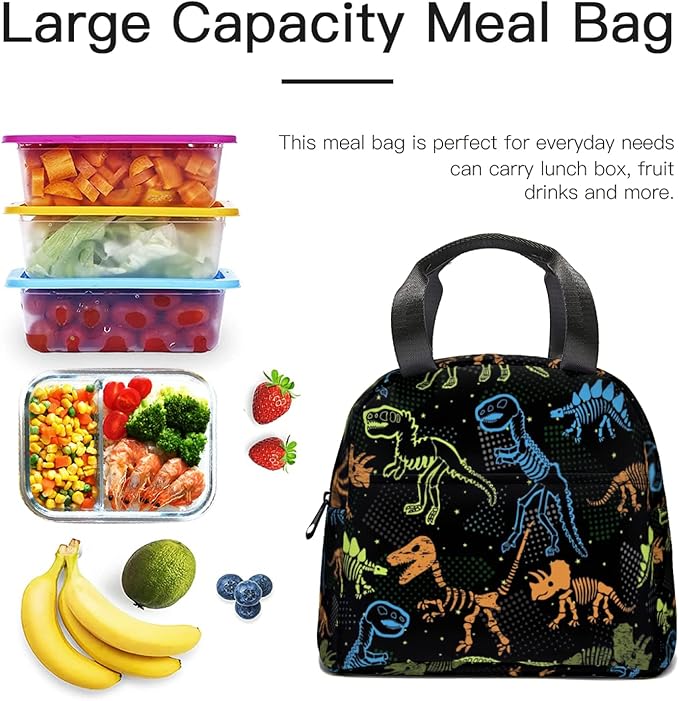 Giwawa Dinosaur Lunch Box for Kids, Colorful Dino Fossil Animal Print Reusable Lunch Bag Thermal Lunch Cooler Tote Bags for Boys Girls Men Women Travel Picnic, Front Pocket & Zipper Closure