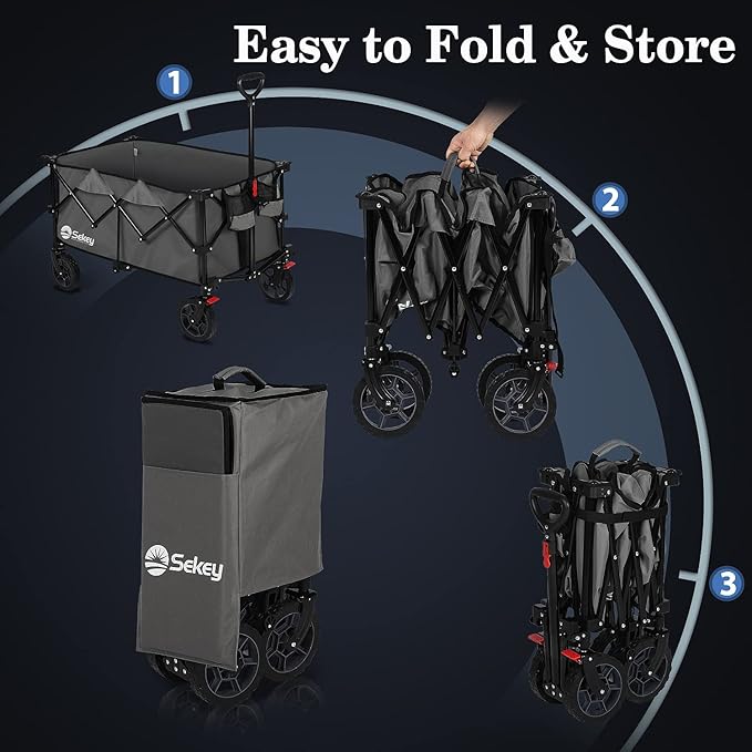 Sekey 220L Collapsible Foldable Wagon with 330lbs Weight Capacity, Heavy Duty Folding Wagon Cart with Big All-Terrain Wheels & Drink Holders (Grey)