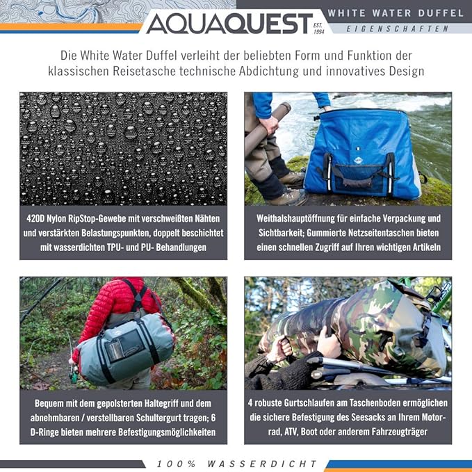AquaQuest White Water Duffel - 100% Waterproof, Heavy Duty, Versatile, Comfortable - Durable Protective Dry Bag for Travel, Sport, Motorcycle, Boat, Fishing - 50, 75, or 100 L