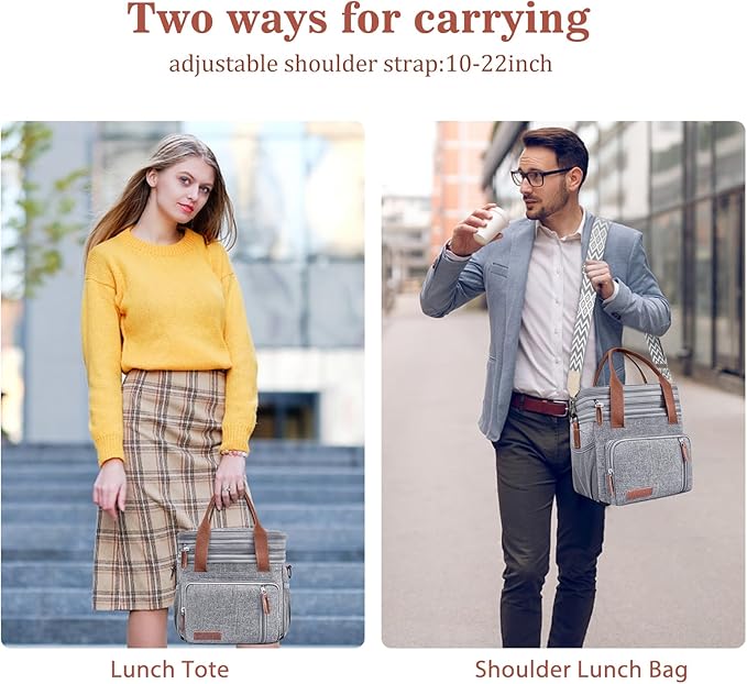 LOKASS Lunch Box for Women/Men-16L-Insulated Lunch Bag, Expandable Double-layer Leakproof Cooler Bag with Upgrade Adjustable Shoulder Strap Ideal for Work/Travel/Picnics（Gray）