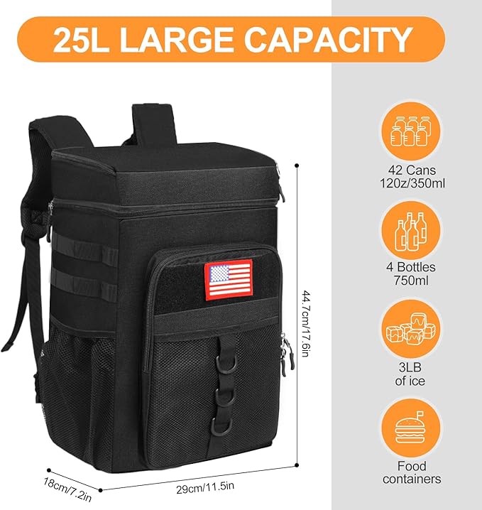 Tactical Backpack Cooler, 25L Cooler Backpack Insulated Leak-Proof, Heavy Duty Large Lunch Backpack, Waterproof Ice Chest Backpack, Cooler Lunch Backpack for Hiking,Travel, Outdoor,Black