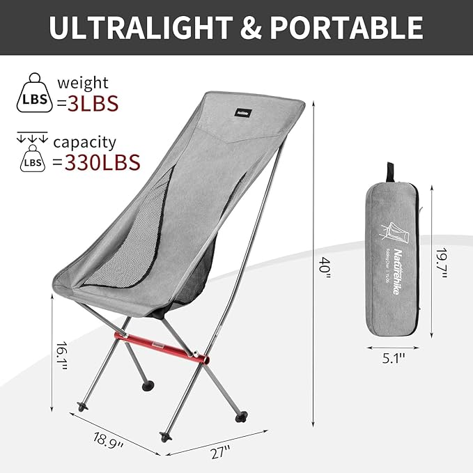 Naturehike Folding Camping Chair, Lightweight High Back Portable Compact Chair, Large Heavy Duty 330lbs for Adults, Hiking Camp Backpacking Festival Travel Beach Picnic Fishing with Storage Bag, Grey