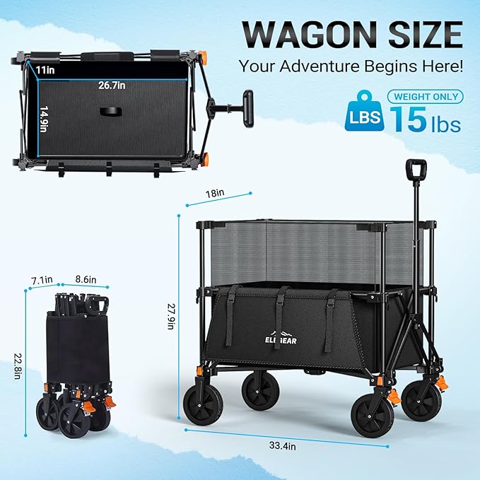 Elegear Wagon Cart Foldable Collapsible 440LBS - Adjustable Capacity from 100L to 200L - Heavy Duty Utility Beach Wagon with All-Terrain Wheels & Smallest Folding Design for Camping Sports Shopping
