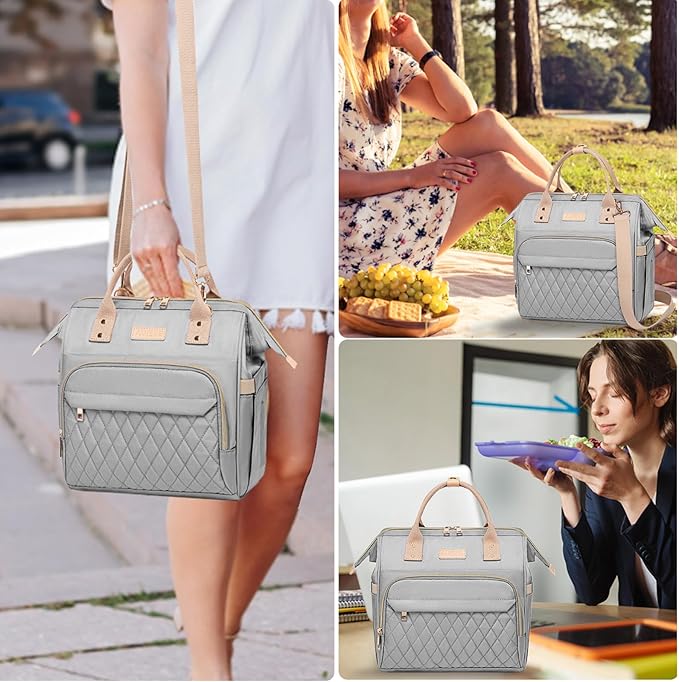 AIJIEKE Lunch Bag for Women, Large Lunch Box for Work Insulated Lunch Bag, Adult Leakproof Lunch Tote Cooler Bag with Side Pockets & Adjustable Strap, Lunch Purse for Picnic Beach Hiking, Grey