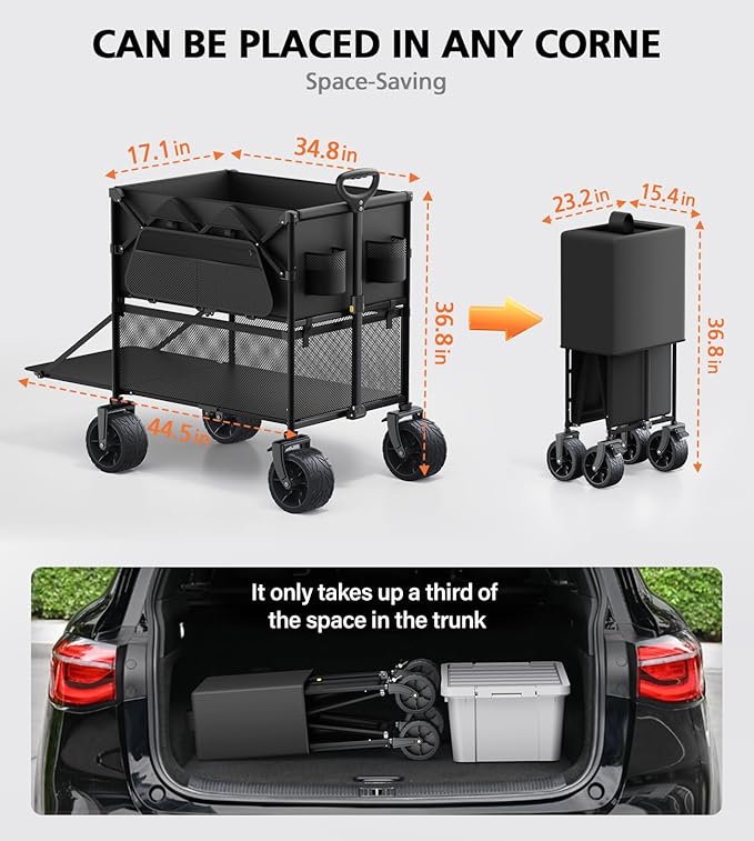 Foldable Wagon Cart,Everyfun 480Lbs Double Decker Wagon,Beach Carts with Big Wheels&Side Pocket&Dustbag,Large Capacity Folding Wagon for Shopping,Garden,Camping,Fish,New Wave Sports Wagon-Ivory Black