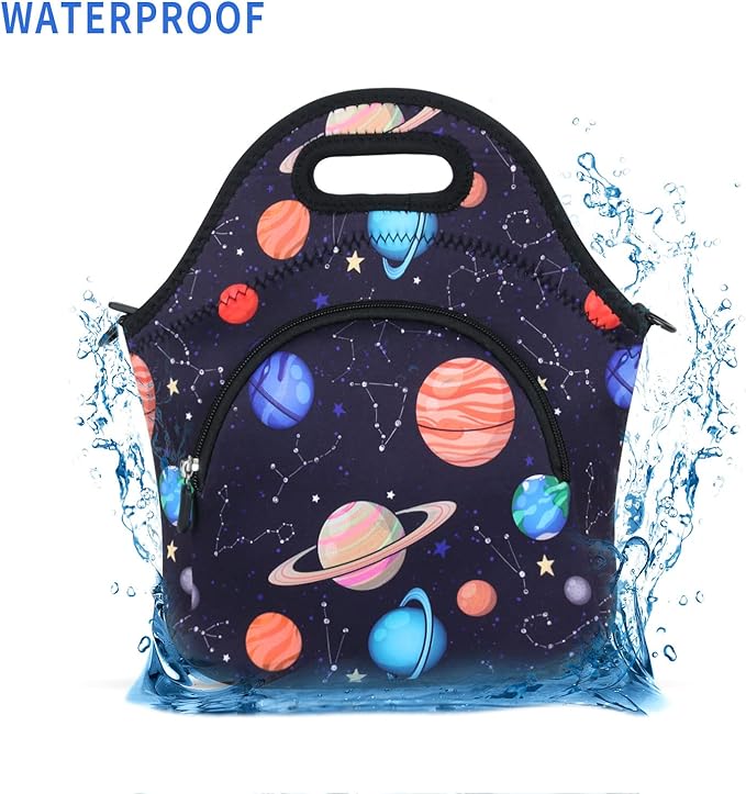 Violet Mist Womens Neoprene Lunch Bag Insulated Lunch Bag Tote Cute Large Thermal Lunchbags with Pocket Detachable Adjustable Shoulder Strap Lunchbox Food Handbags Gift Women Men Adult Space Planet