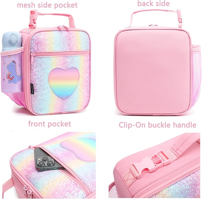 FlowFly Kids Lunch box Insulated Soft Bag Mini Cooler Back to School Thermal Meal Tote Kit for Girls, Boys, Glitter-RainBow