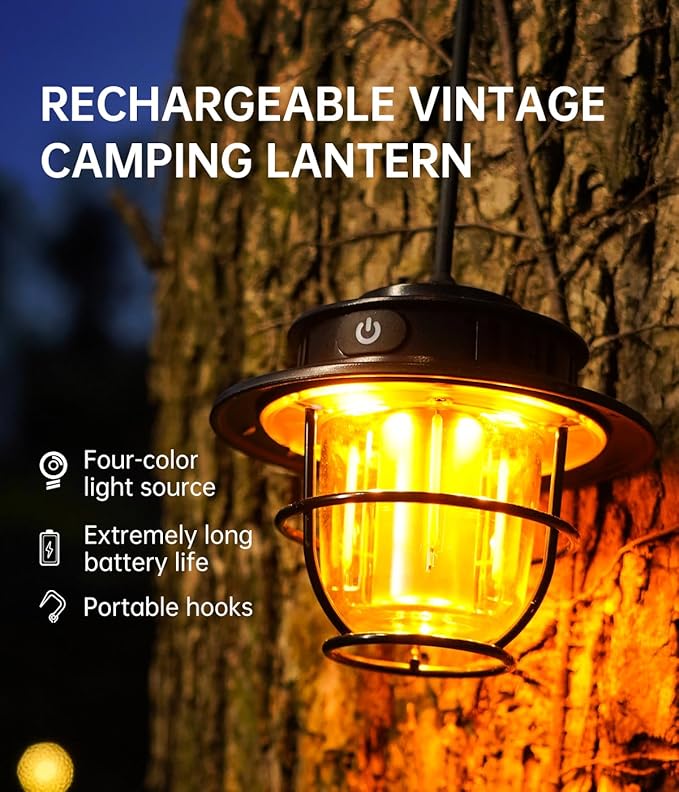 Vintage LED Camping Lantern - Rechargeable 4400mAh, 50-500 Lumens, 4 Lighting Modes, Portable COB Edison-Style Lamp with USB Output, IPX4 Waterproof for Outdoor Camping