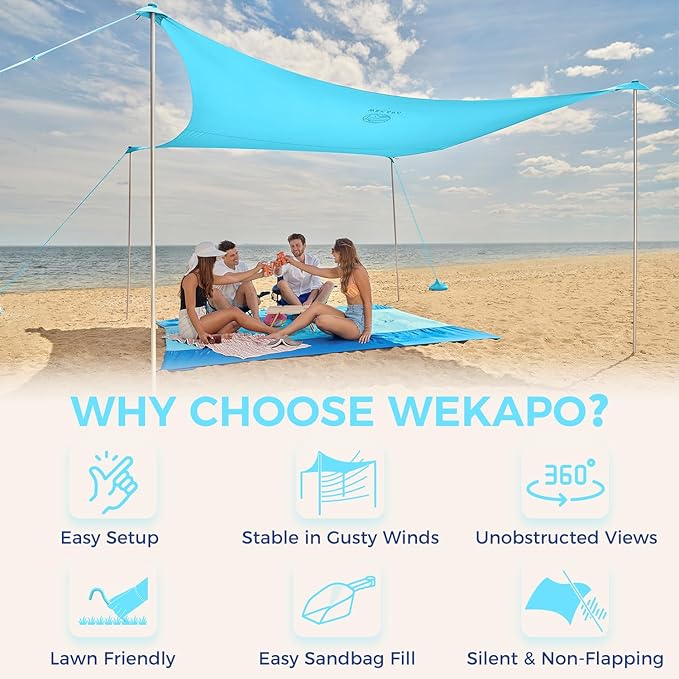 WEKAPO Beach Tent Sun Shelter - Easy Setup Beach Canopy with 4 Sturdy Poles, Large Sandbags and Shovel, 7'1'' Tall, Windproof Sun Shade for Backyard and Camping, UPF 50+ Protection