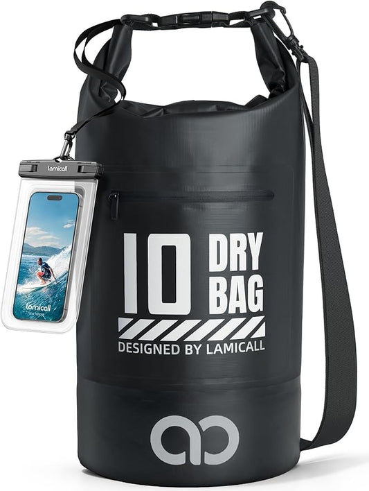 Lamicall Dry Bag Waterproof Backpack - [Zippered Pocket] 10L/20L Roll Top Waterproof Bag with Water proof Phone Case, Floatable Drybag for Swimming, Boating, Kayaking, Camping, Beach