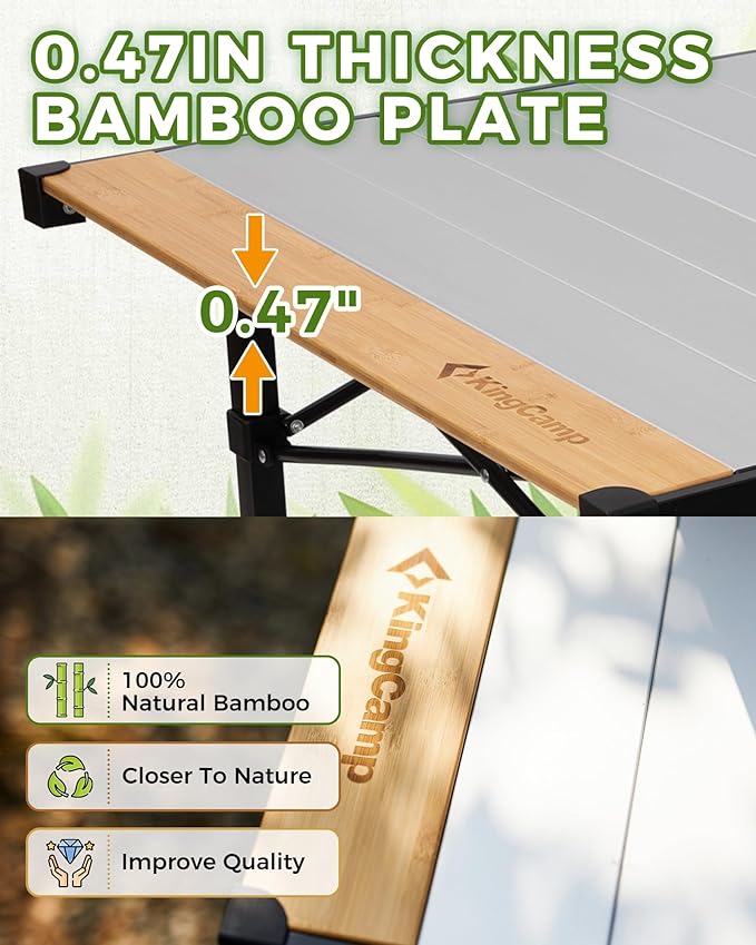 KingCamp Folding Camping Table, Aluminum Roll-Up Camp Table, Large Foldable Table for 6-8 Person, Outdoor Portable Tables with Carry Bag, 180 LBS Heavy Duty Load (Bamboo：53.5“x27.5”，6-8 People)
