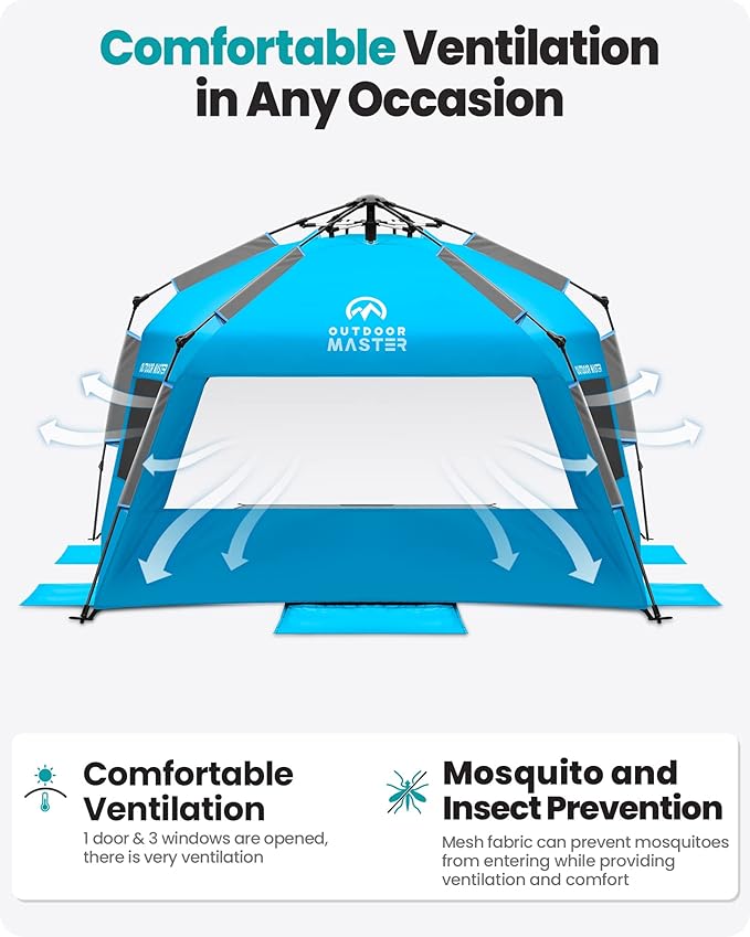 OutdoorMaster Beach Tent with Blackout Shelter Technology, Portable Beach Shade Sun Shelter Canopy for 4-6 Person with UPF 50+ UV Protection, Easy Setup Pop Up Tent Family Size
