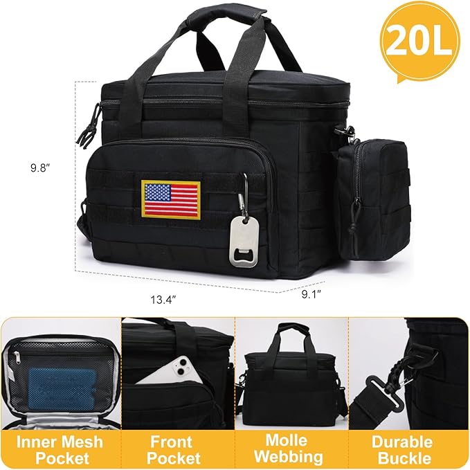 Tactical Lunch Box for Men, Insulated Lunch Bag MOLLE Webbing Leakproof, Cooler Large Lunchbox Women Adult with Adjustable Shoulder Strap Durable, Construction Heavy Duty Lunch Pail, Black