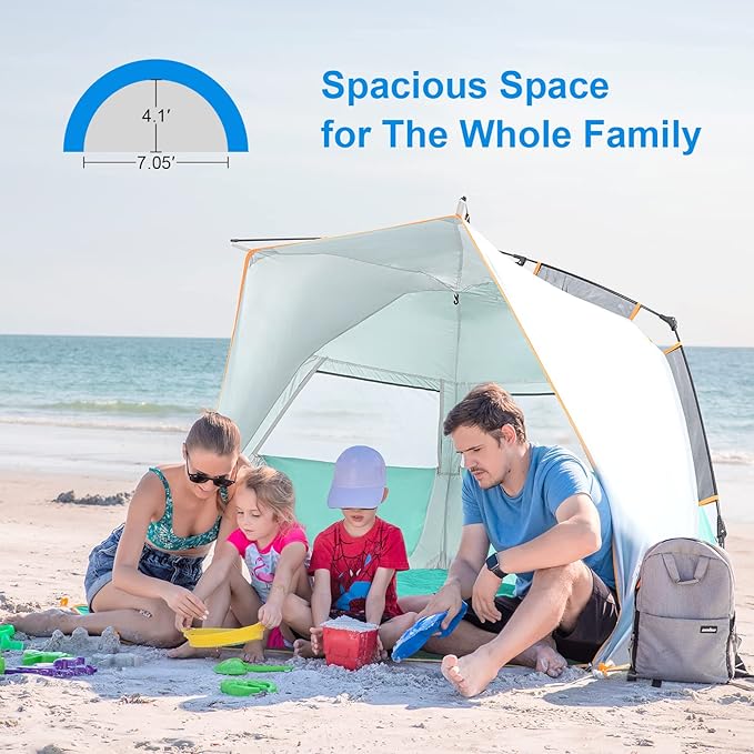 WolfWise 3-4 Person Easy Up Beach Tent UPF 50+ Portable Instant Sun Shelter Canopy Umbrella with Extended Zippered Porch, Mint Green