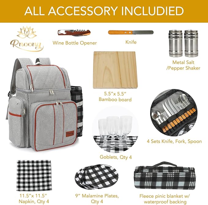 Rnoony Picnic Backpack for Camping, Picnic Basket for with Insulated Cooler Bag and Bottle Pouch,Camping Gifts for Couples with Lightweight Blanket and Cutlery Set for Family, Couple and Hiking