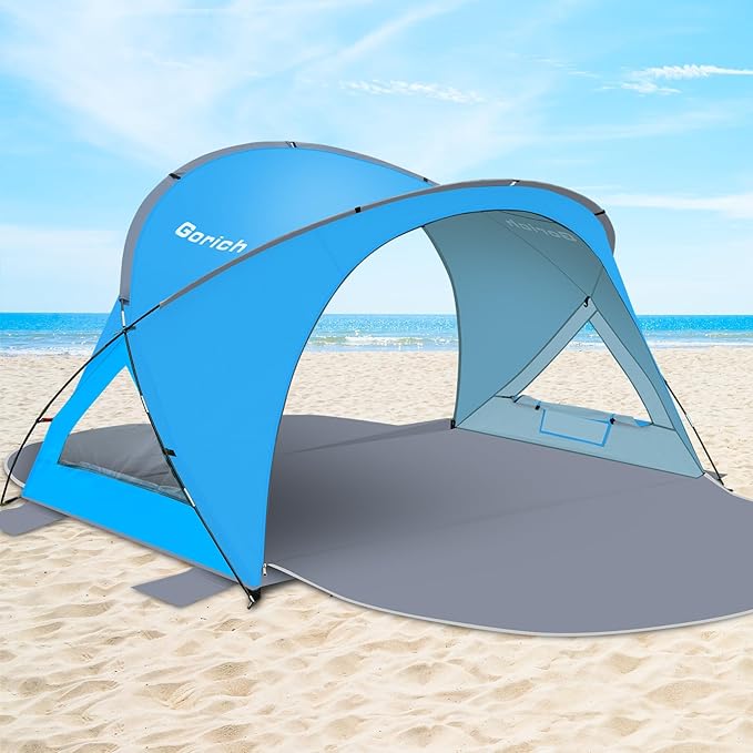 Gorich Beach Tent Sun Shelter with UPF50+ UV Protection for 3-6 Person, Lightweight & Portable Beach Shade Canopy with 2 Zippered Doors, Easy Setup Family Beach Umbrella