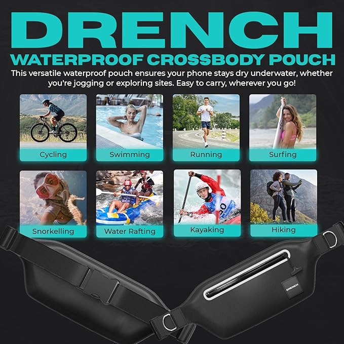Drench 100% Underwater Waterproof Fanny Pack. Waist Pack. Submersible Waterproof Phone Pouch. Dry Bag for Swimming & Snorkelling. Underwater Phone case. (black with 2 rings)