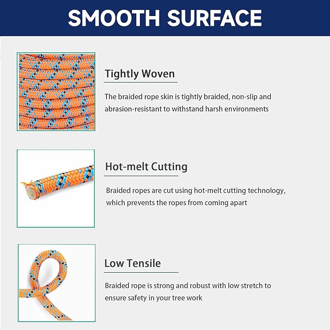 Arborist Tree Rope, 1/2inch by 150FT, 32 Strand Bull Rope up to 18KN Tensile Strength, Orange, Blue, Black