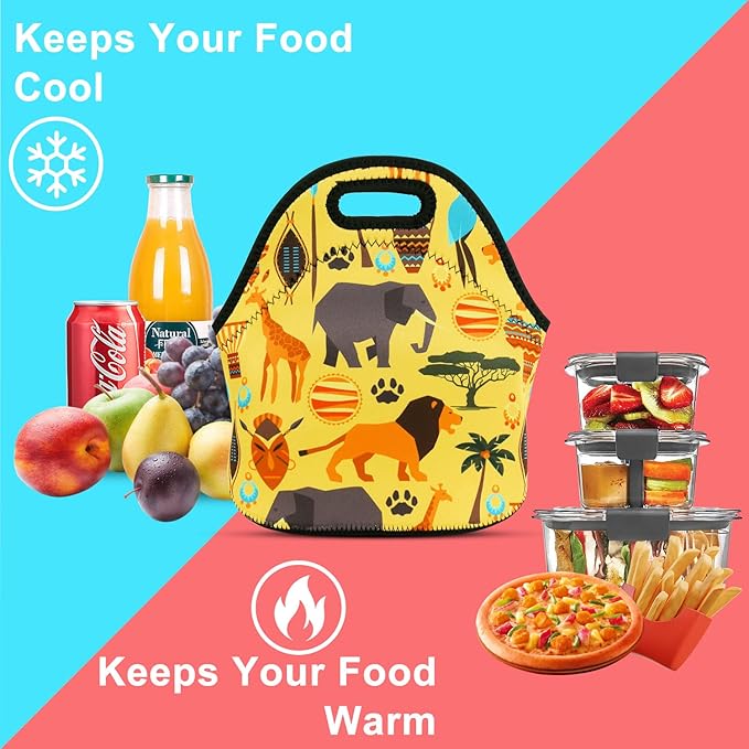 Violet Mist Women's Cute Neoprene Lunch Bag, Animal Patterned, Reusable, Insulated, 11.42"L x 10.43"H x 5.51"W, Eco-Friendly, Lightweight, Keeps Food Warm or Cold for 2-42 Hours