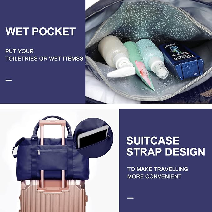 Womens travel bags, weekender carry on for women, sports Gym Bag, workout duffel bag, overnight shoulder Bag fit 15.6 inch Laptop (Large, Navy Blue)