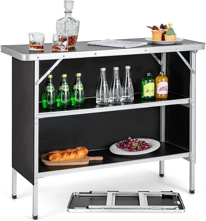 Goplus Folding Camping Table, Foldable Camp Table with 2-Tier Storage Shelves, Removable Cloth Cover, Aluminum Portable Pop-Up Bar Table for Picnic, Tailgate, Party, Travel, Outdoor