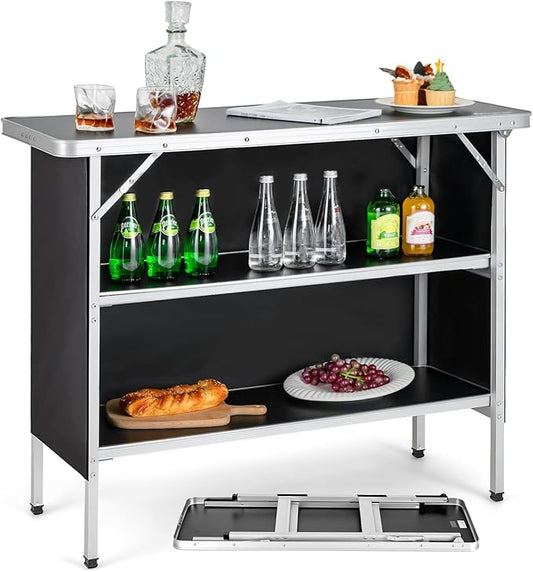Goplus Folding Camping Table, Foldable Camp Table with 2-Tier Storage Shelves, Removable Cloth Cover, Aluminum Portable Pop-Up Bar Table for Picnic, Tailgate, Party, Travel, Outdoor