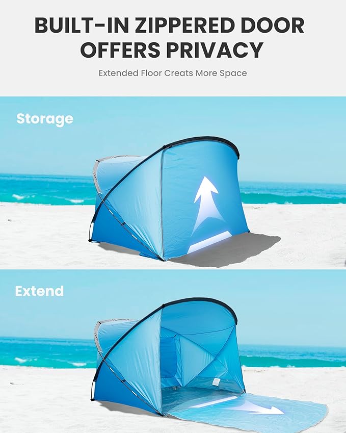 OutdoorMaster Beach Tent for 3-4 Person - Easy Setup and Portable Beach Shade Sun Shelter Canopy with UPF 50+ UV Protection Removable Skylight Family Size - Blue