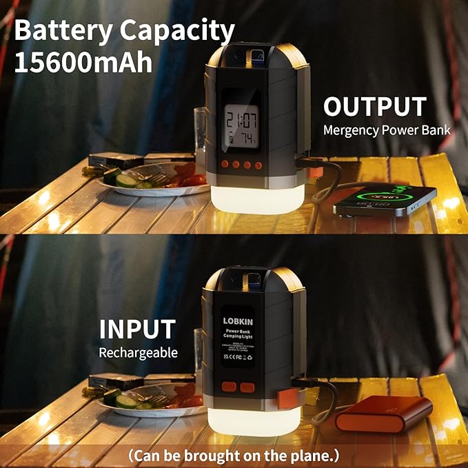LOBKIN Camping Rechargeable Lantern, Multifunctional Camping Light 5 Modes, Portable Tent Lamp USB 15600 mAh for Camping, Hiking, Fishing
