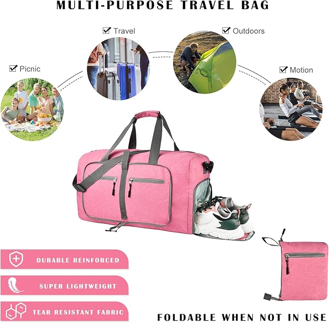 Dimayar 85L Travel Duffle Bag for Men Women - Foldable Duffel Bag with Shoes Compartment - Overnight Bags Waterproof & Tear Resistant(Pink)